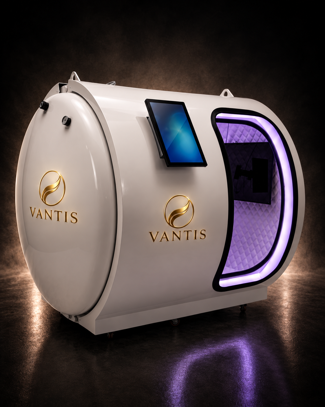 Vantis Meridian 2 two-person hyperbaric chamber, pearl-white shell with gold Vantis mark and exterior touchscreen