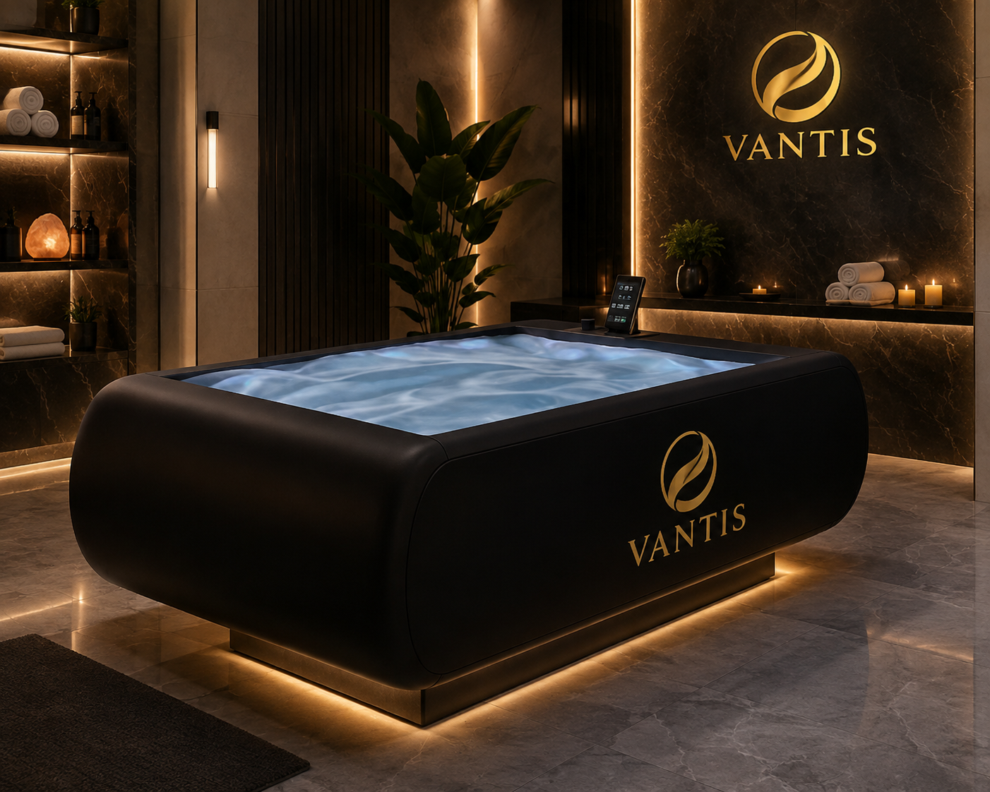 Vantis Celsius dry floatation bed in a luxury spa suite, black shell with gold Vantis mark, membrane lit cool blue