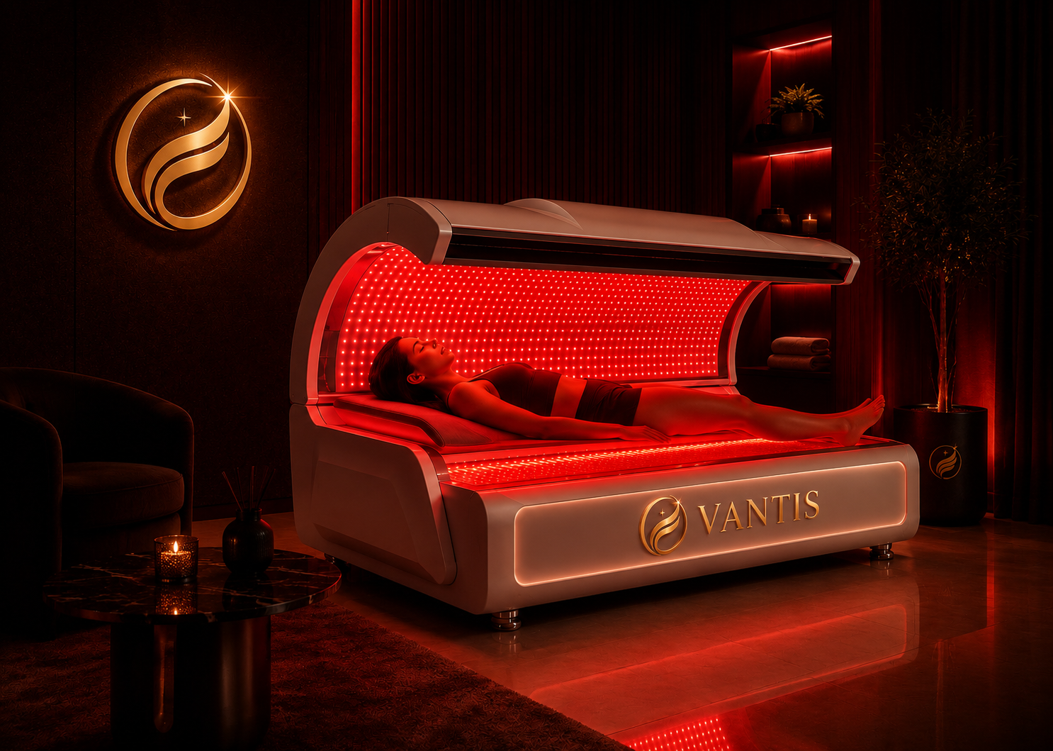 Vantis Goliath full-body light bed with an illuminated clamshell array in a dark treatment room