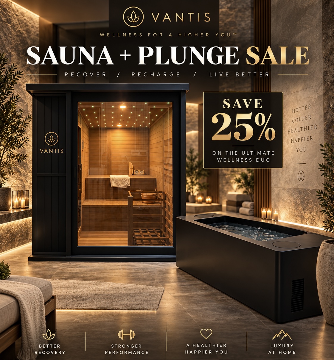 Vantis Sauna and Plunge Sale — matte black Phoenix cabin sauna and Vantis Zero cold plunge in a warm spa suite, save 25%